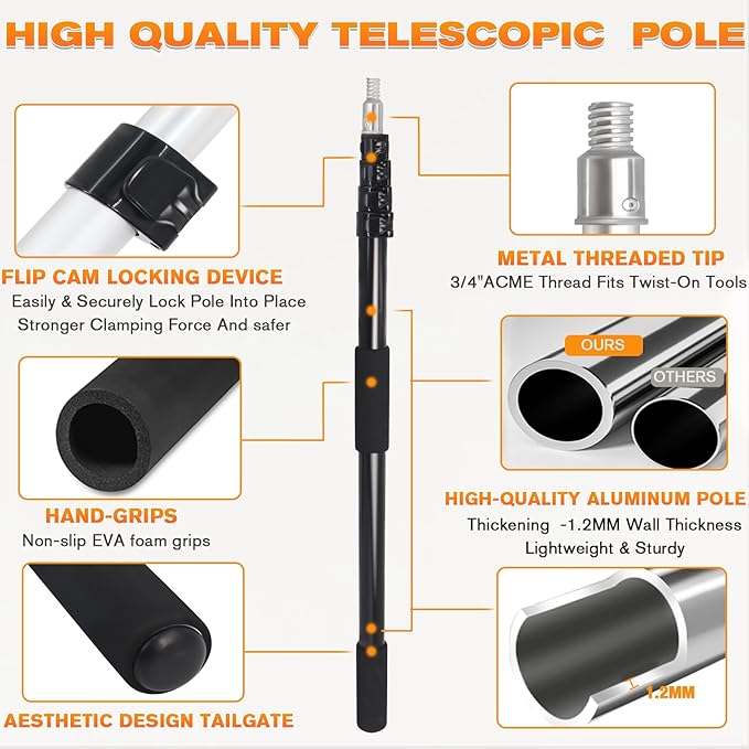 28FT Reach Telescopic Extension Pole, 5-20FT Multi-Purpose Extendable Pole with Universal Twist-on Metal Tip, Lightweight Sturdy Aluminum Paint Roller Extension Pole for Painting, Dusting and Cleaning