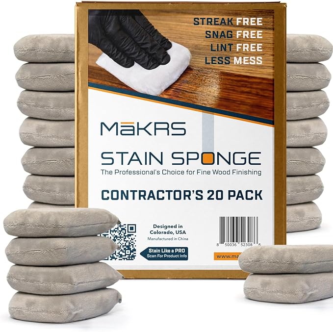 MāKRS Stain Sponge, 20-Pack Staining Pads, Lint, Snag and Streak-Free Applicator Sponges, Micro-Brush Material Over Foam Core, for Wood Stains and All Finishes, Easy to Use with Consistent Application