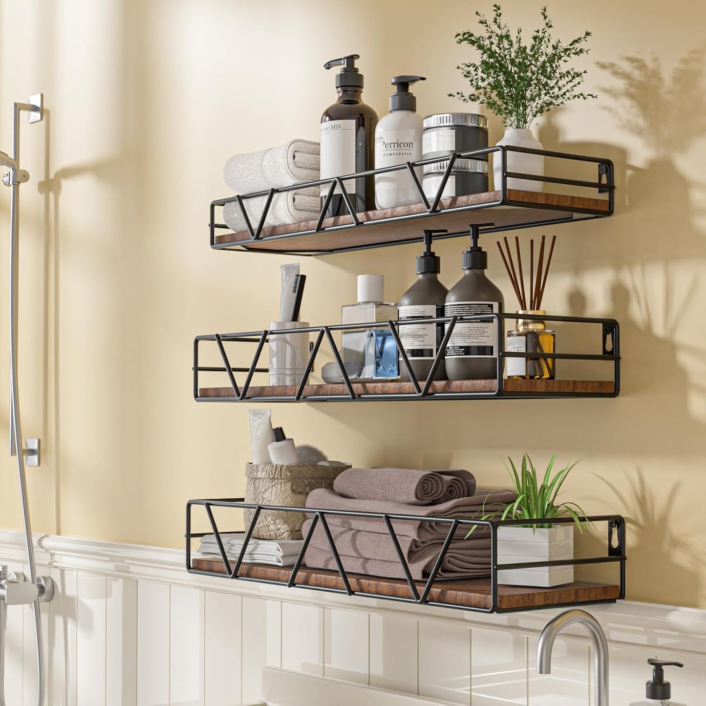 Floating Shelves Set of 3, Home Wood Wall Shelf, Farmhouse Shelf for Bedroom, Wall Mounted Floating Shelf for Living Room, Bedroom, Bathroom, Kitchen, Office (Black)