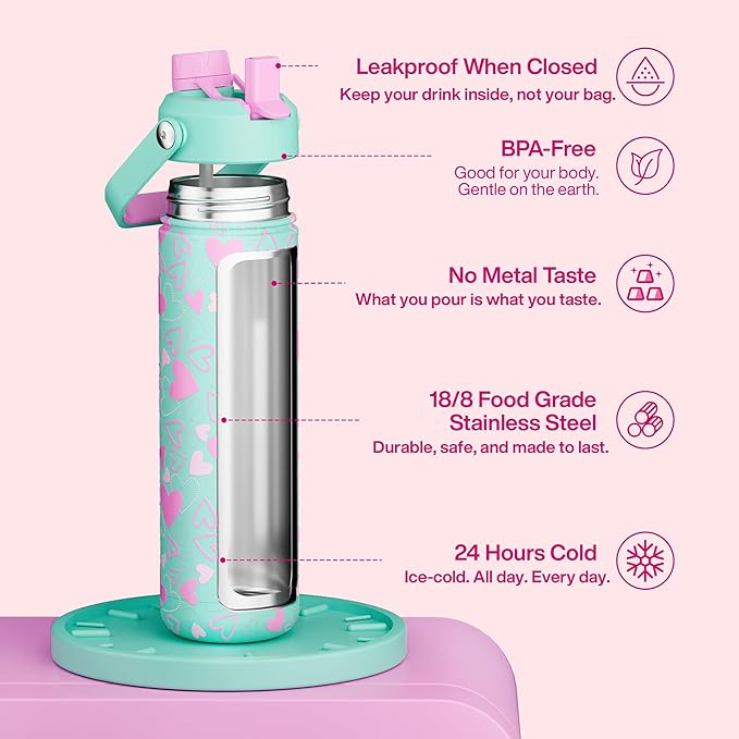 ENCOOL Valentine's Day Insulated Water Bottle with Straw Stainless Steel Water Bottle, Leak-Proof, BPA-Free, Keeps Cold for 24 Hours for Sports, Travel, School (26 oz, Sweet Hearts Violet x Mint)