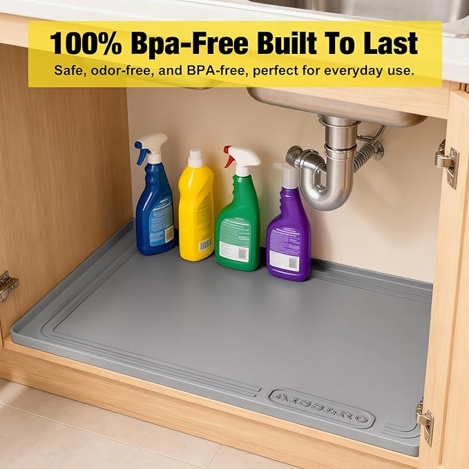 Under Sink Mat 25" X 19", Waterproof Silicone Under Sink Mats for Kitchen, Anti-Leak Shelf Liner & Cabinet Protector with Raised Edge, [BPA Free] Bathroom Tray Home Organizer, Grey