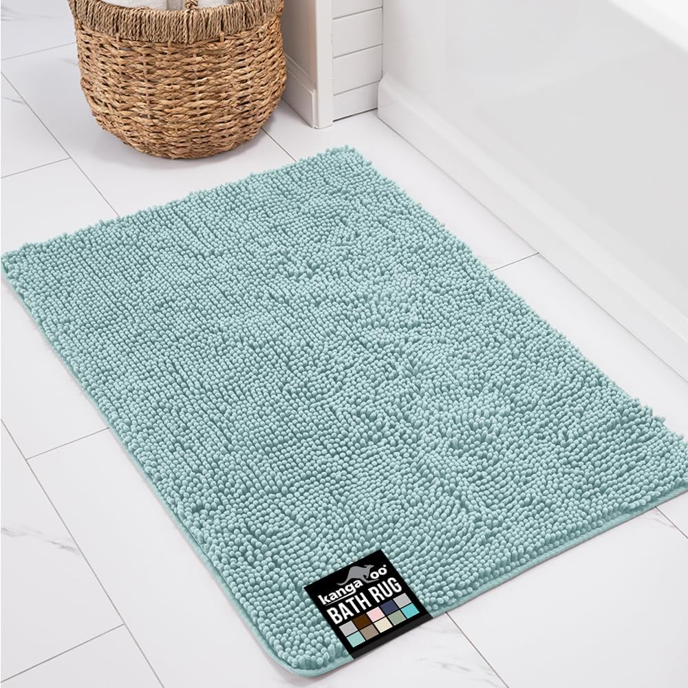 KANGAROO Bathroom Rugs, Chenille Soft Absorbent Bath Rug, Shaggy Shower Mat, Quick Dry Machine Wash Bathmat, Plush Carpet Mats for Tub, Bathtub and Room Home Decor Accessories, 36x24, Seafoam