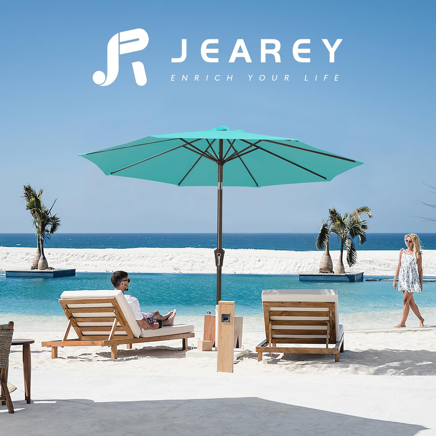 JEAREY 9FT Outdoor Patio Umbrella Outdoor Table Umbrella with Push Button Tilt and Crank, Market Umbrella 8 Sturdy Ribs UV Protection Waterproof for Garden, Deck, Backyard, Pool (Peacock Blue)
