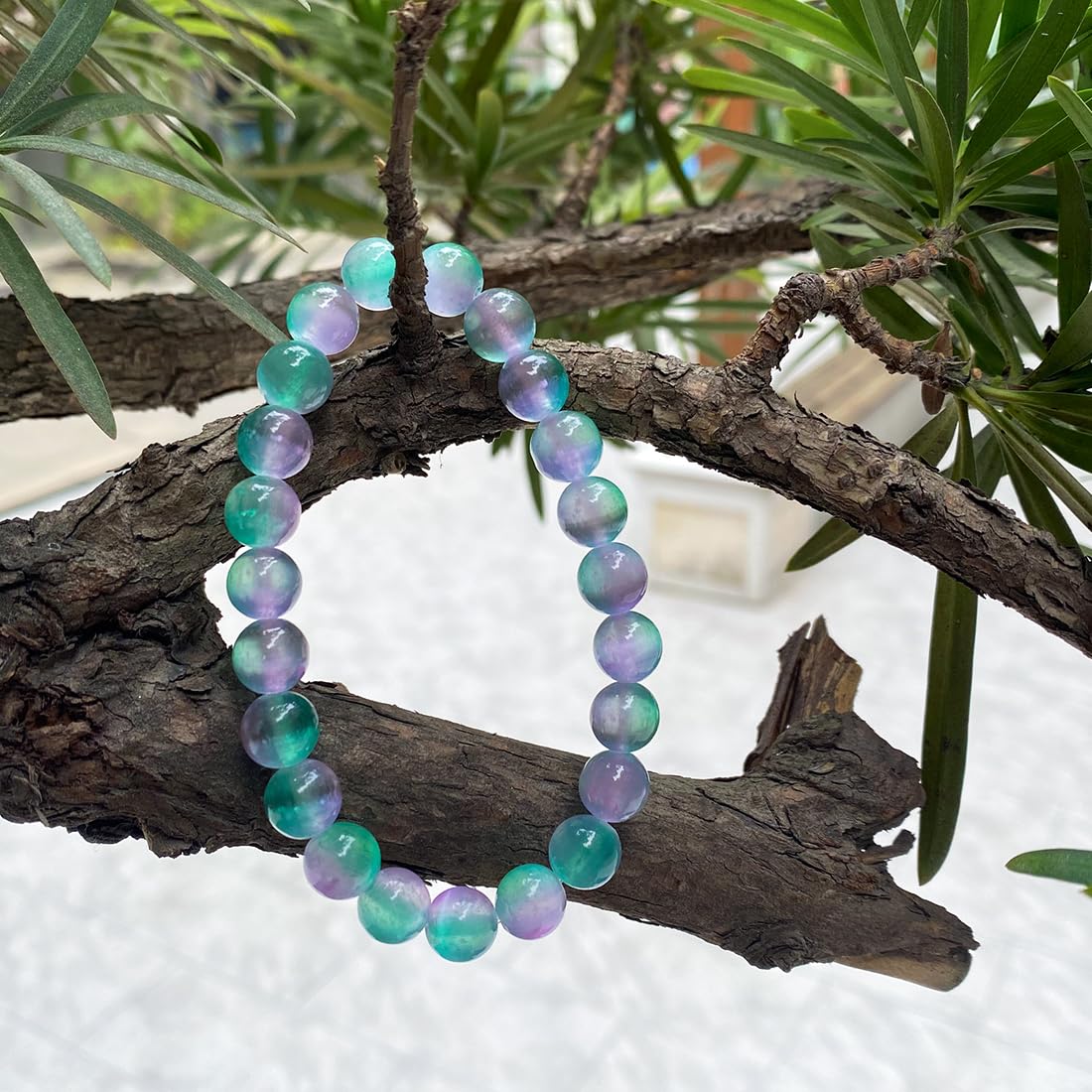 8mm Selenite Bracelet | Color-Coated Purple and Green Natural Crystal | Handmade Meditation Bracelet for Women Men | Iridescent Rainbow Effect | Beading Tool Kit - Adjust to 6.5-7.5 inch Wrist Size