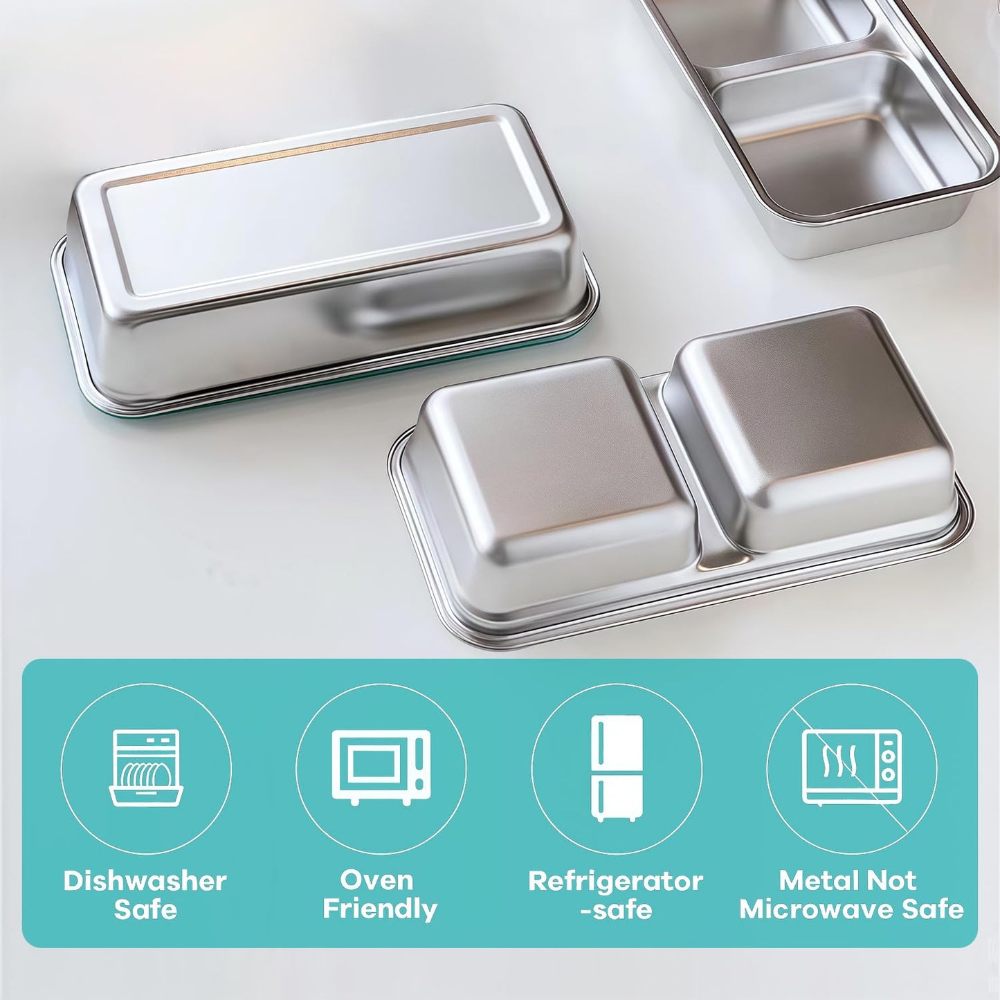BSTUR 4Pcs 304 Stainless Steel Bento Boxes, 2 Compartments Portable Food Storage Containers Snack Boxes with Lids, Divided Meal Prep Lunch Box Food Container Dishwasher Safe