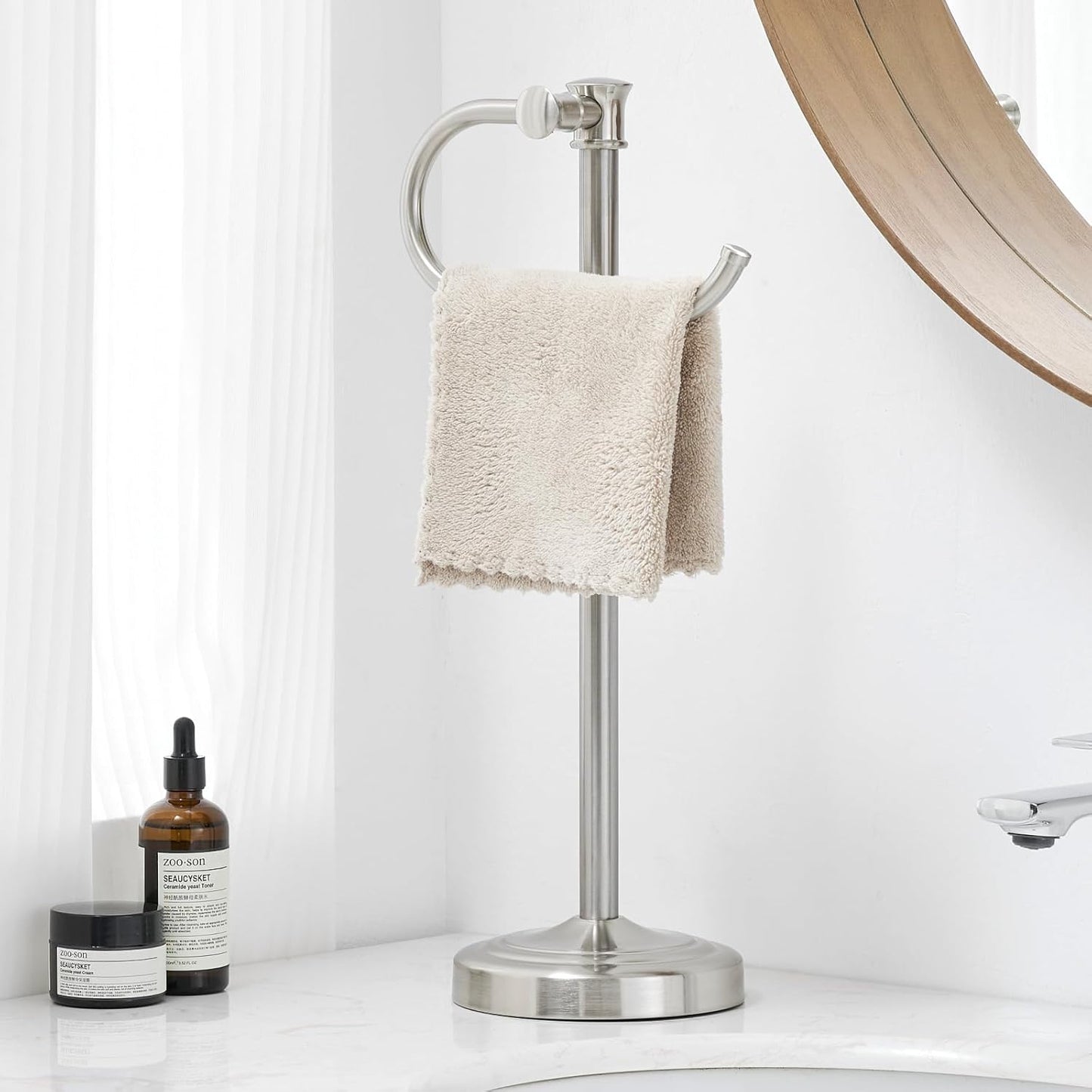 BESy 17 Inch Brushed Nickel Stand Towel Bar Hanger Hand Towel Bar Bathroom Vanity Countertop Towel Holder Free Standing Stainless Steel Towel Ring Hardware Accessories Towel Rack