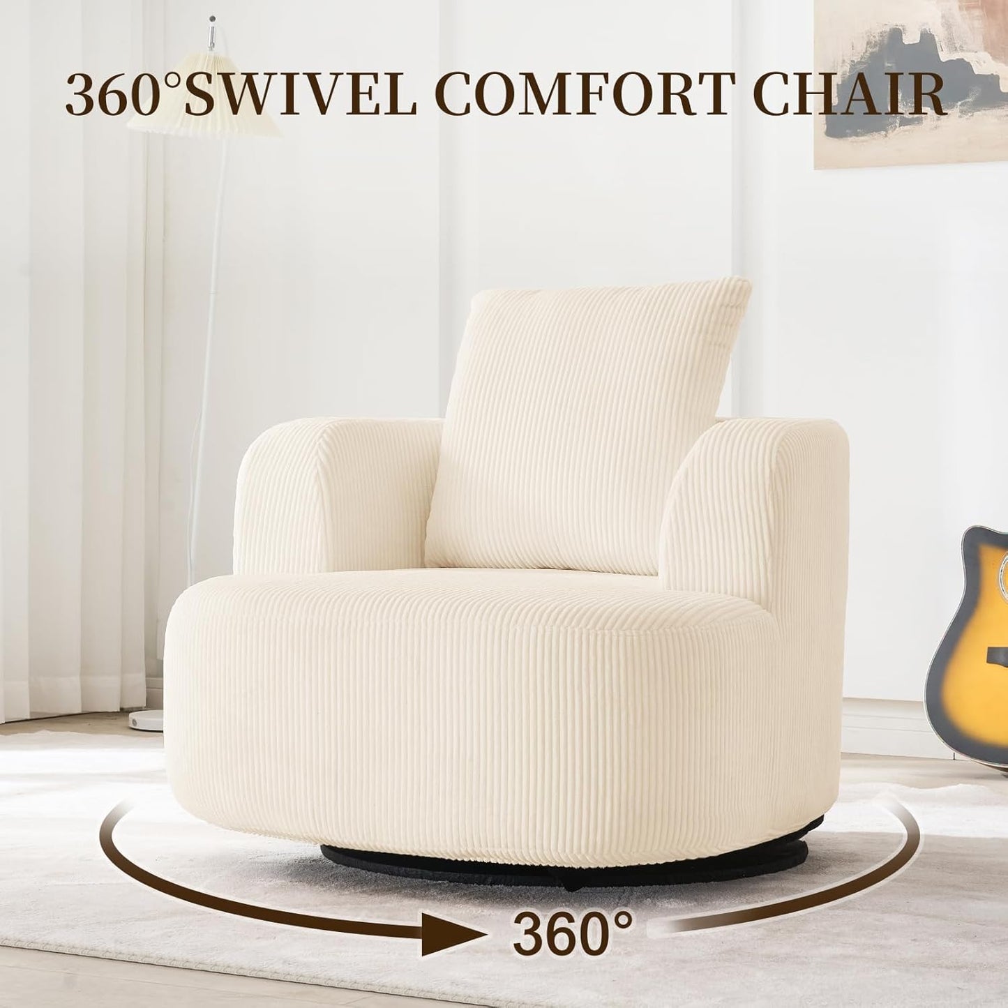 Furnimart 360° Swivel Barrel Accent Chair, Round Upholstered Comfy Lounge Chair, 34“ Corduroy High-Resilienc Foam Single Sofa, No Assembly Wide Seat for Living Room, Bedroom, Apartment (Beige)