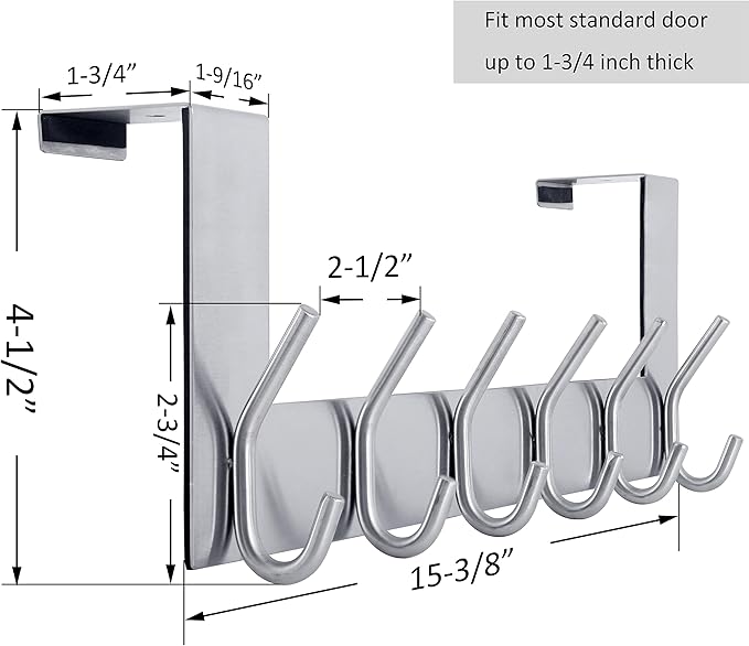 WEBI Over The Door Hook Door Hanger:Over The Door Towel Rack with 6 Coat Hooks for Hanging,Towel Hanger Door Coat Hanger Over Door Coat Rack for Towels,Clothes,Back of Bathroom,Silver,2 Packs