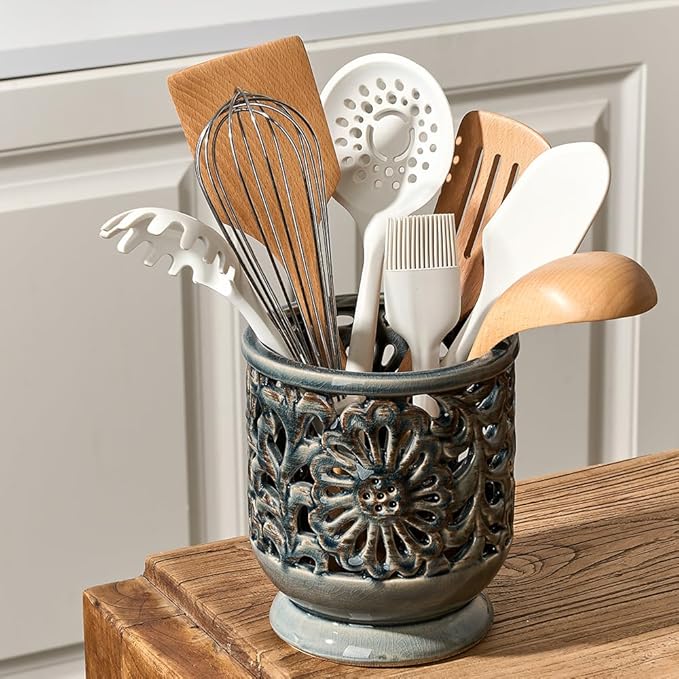 Farmhouse Kitchen Utensil Holder for Countertop, Ceramic Large Cooking Utensil Crock with Cork Mat, Decorative Rustic Utensil Holder for Kitchen Counter, Hollow Carving Flower, Gray