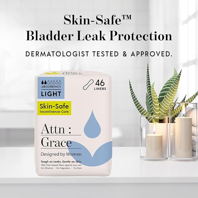 Attn: Grace Panty Liners for Women - 46 Liners – for Light Urinary Incontinence, Bladder Leakage or Postpartum - 100% Breathable & Plant-Based Materials Active Odor Control - Free from Harsh Chemicals