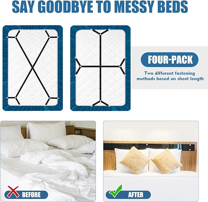 4Pcs Bed Sheet Straps with Metal Clips, Sheet Holders Adjustable Elastic, Bed Sheet Grippers Upgrade for Crib to King Size Bed Keep Sheets in Place(Black)