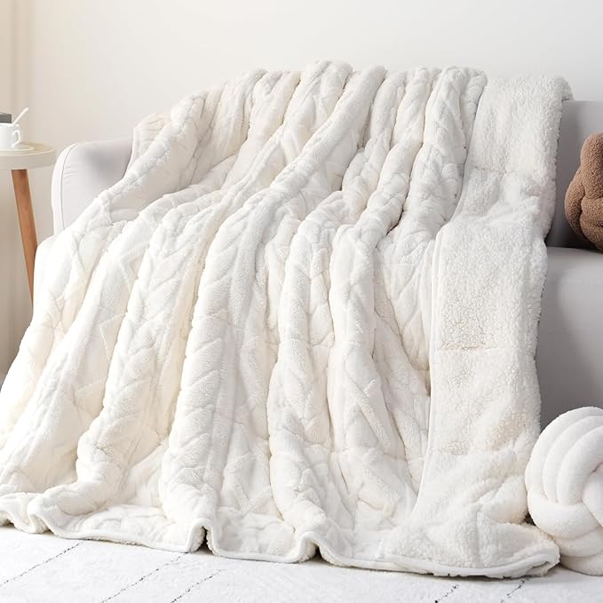 Cottonblue Weighted Blanket 15lbs for Twin/Full Ded - Plush Jacquard Sherpa Bed Blanket for Deep Sleep and Relaxation, Heavy Calm Blankets with Cemaric Beads, 48x72 Inches, Cream White