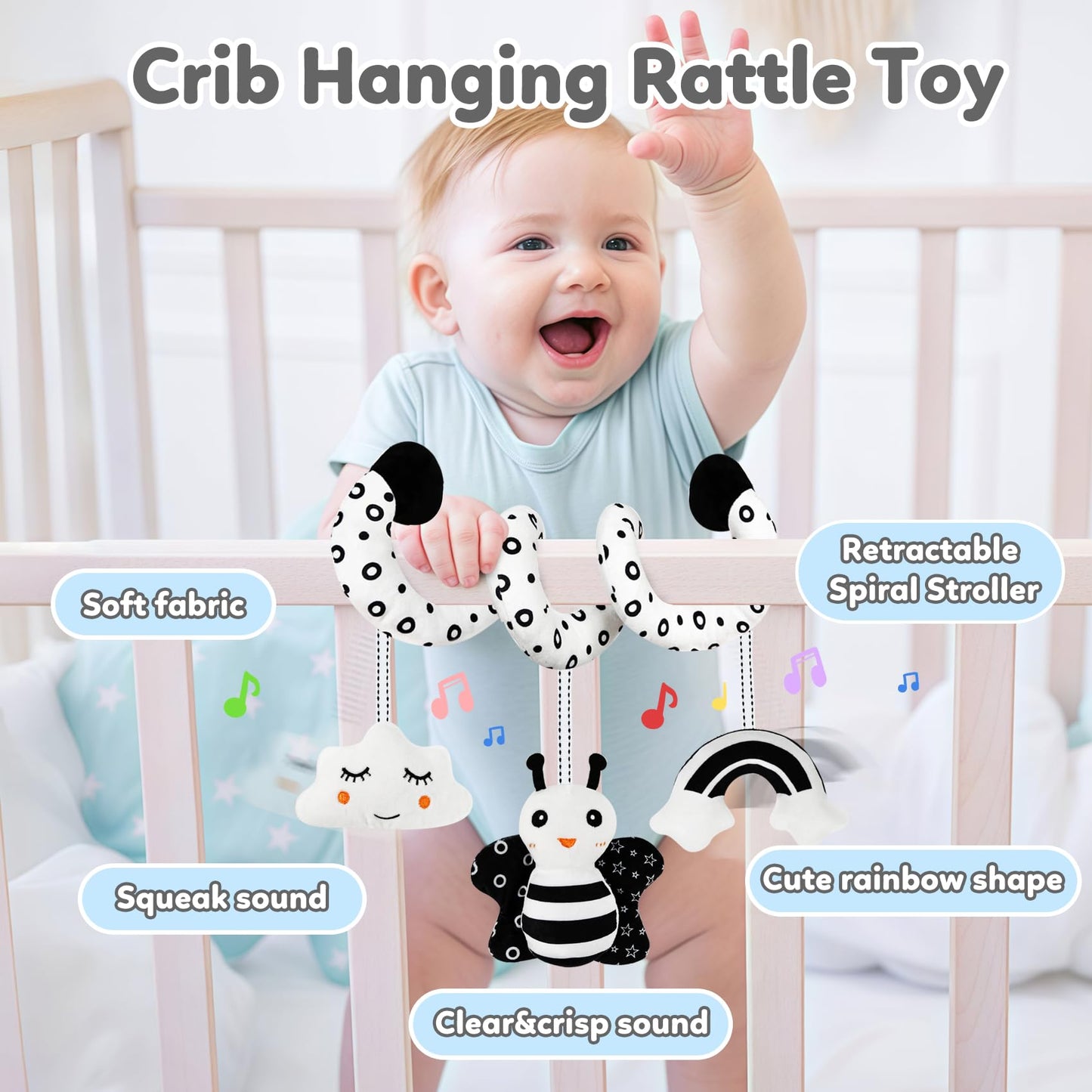 Car Seat Toy,Stroller Toys,Car Seat Toys for Babies 0-6 months Boy Girl,Spiral Hanging Stroller Black and White High Contrast Sensory Toy Newborn Plush Activity Toys Thank You Gifts for 0 3 6 9 Months