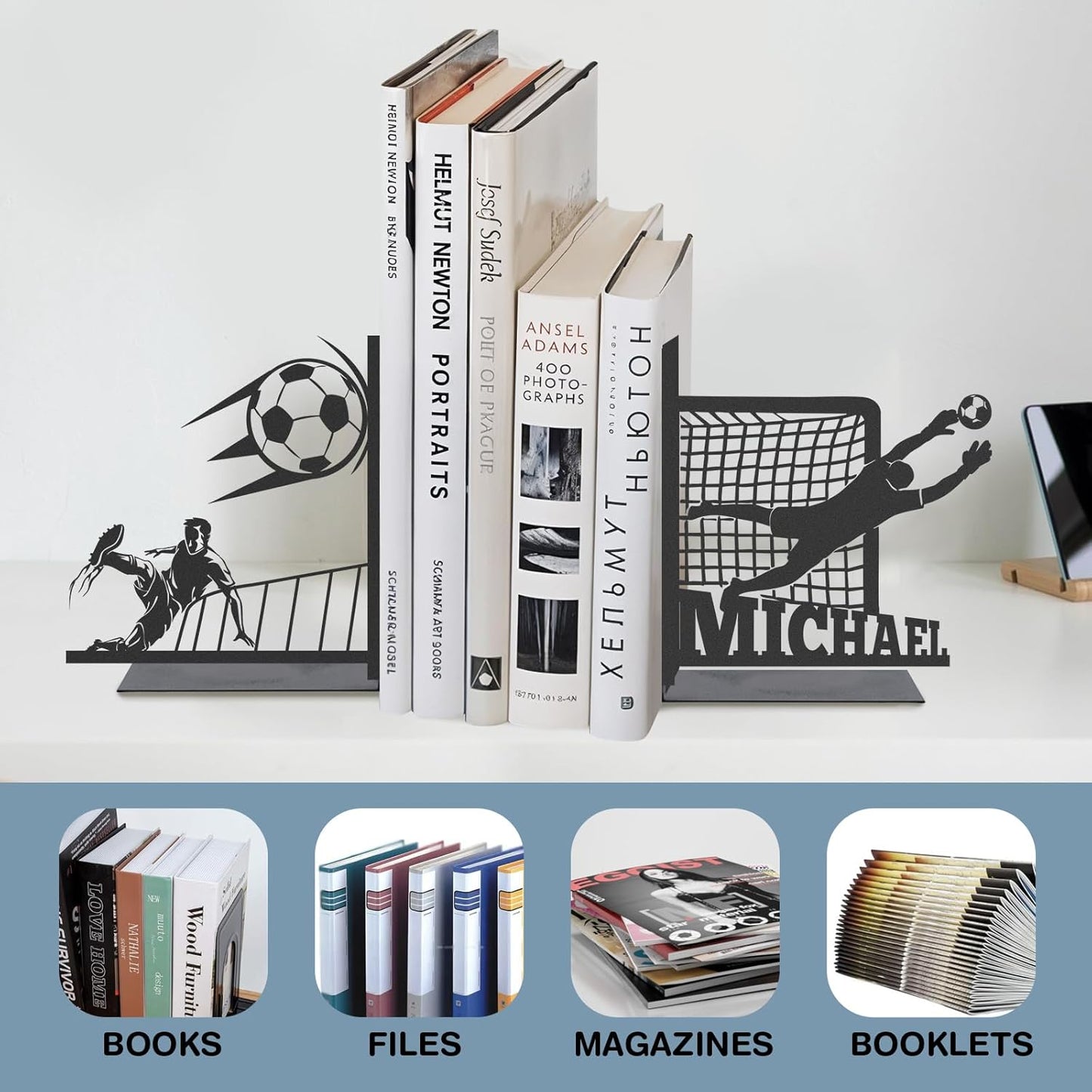 Personalized Metal Book Ends for Shelves 2 Pcs, Custom Soccer Theme Decorative Bookends with Name, Non-Slip Book Stopper, Desk Book Organizer, Black Book Holders for Home Office, Gifts for Men
