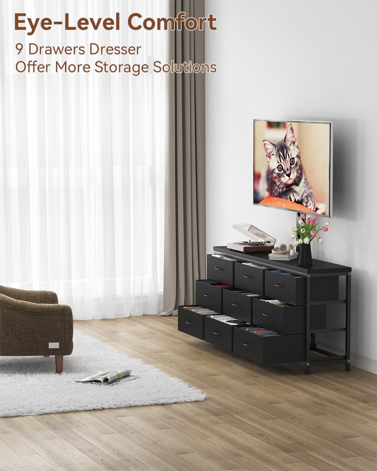 TV Stand with Mount for 32/55/65/75/85 inch TVs, Entertainment Center with 9 Fabric Drawers Dresser Storage, Height Adjustable Media Console