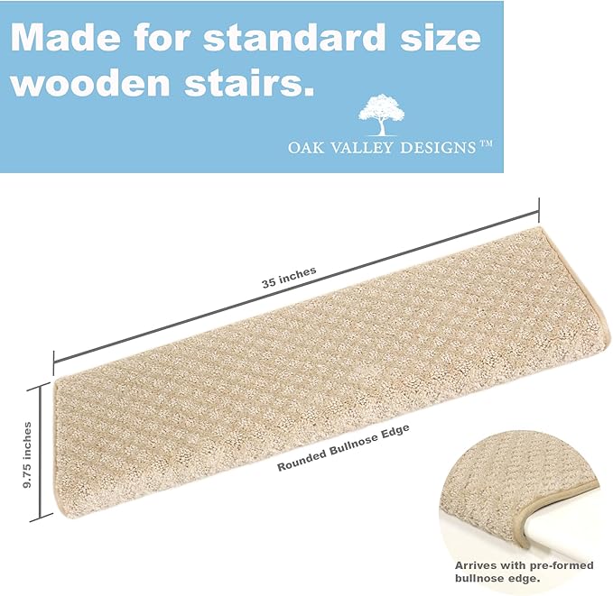 Oak Valley Designs™ Rounded Bullnose Carpet Stair Treads - Anti Slip Indoor Stair Mats for Wooden Stairs, Style: Bayside Charm, Crystal Canyon 35" W X 9.75" D (Set of 14)