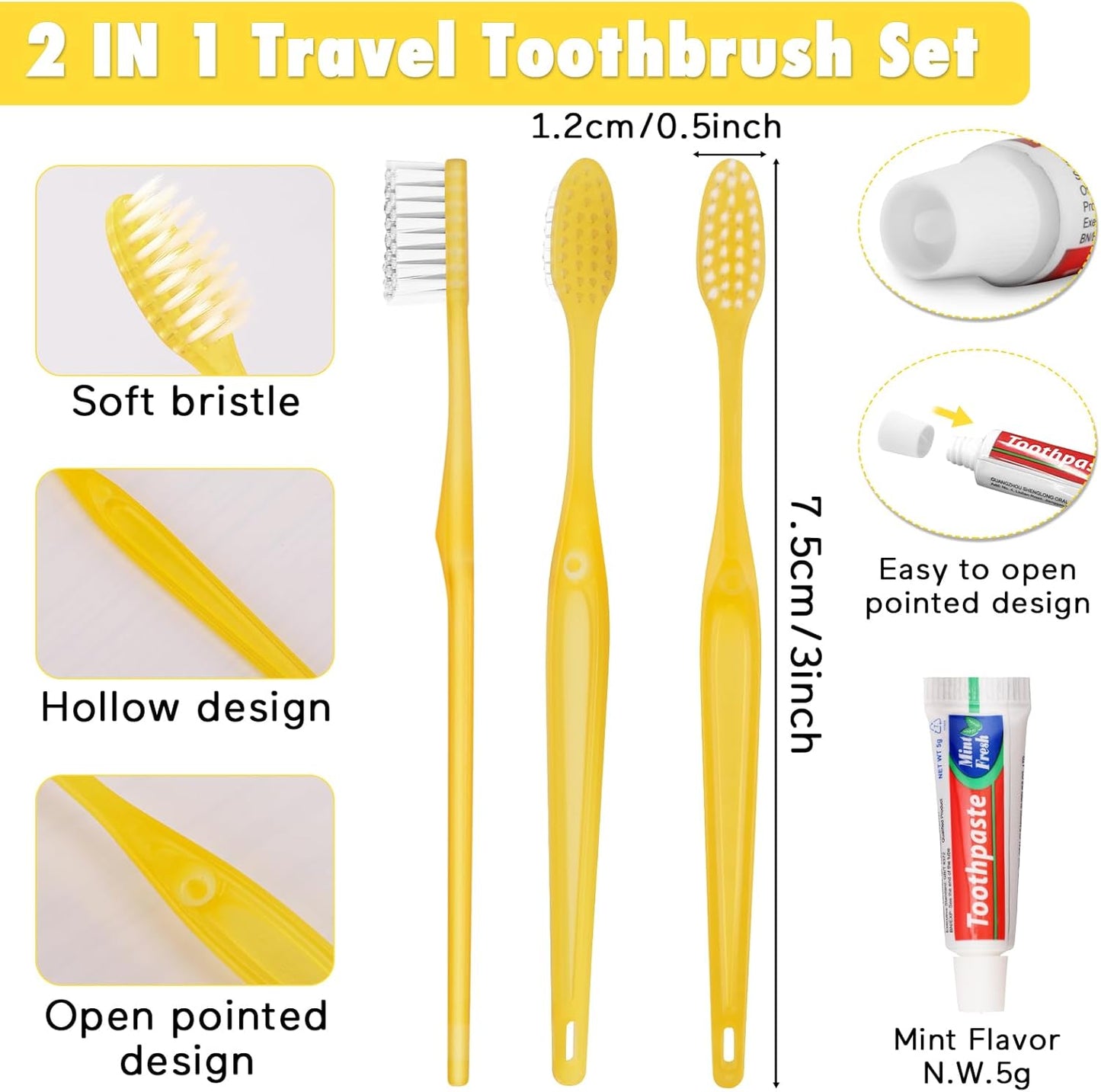 HOFASON Disposable Toothbrushes with Toothpaste Pack of 200, Yellow Hollow Travel Toothbrush Set with 5g Toothpaste Individually Wrapped Toothpaste Bulk for Homeless, Nursing Home, Shelter, Hotel