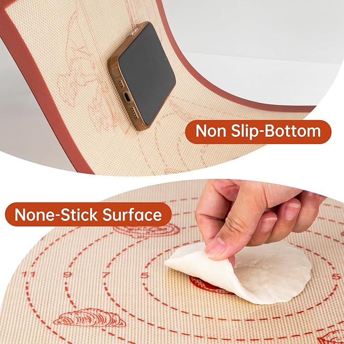 Extra Thick Silicone Mat for Baking, Silicone Baking Mat with 10 Easy Recipes, Non Stick Silicone Pastry Mat, kneading Dough Rolling Mat, Macaron, Cookie, bread, Pizza, Fondant/Pie Crust
