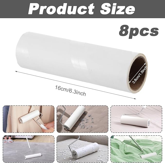 6.3 Inch Wide Lint Roller Refills, Value Pack 8 Rolls Extra Sticky, Pet Hair Sticky Roller Refills for Floor, Couch, Carpet, Bed, Clothes (Pack of 8, Total 480 Sheets)