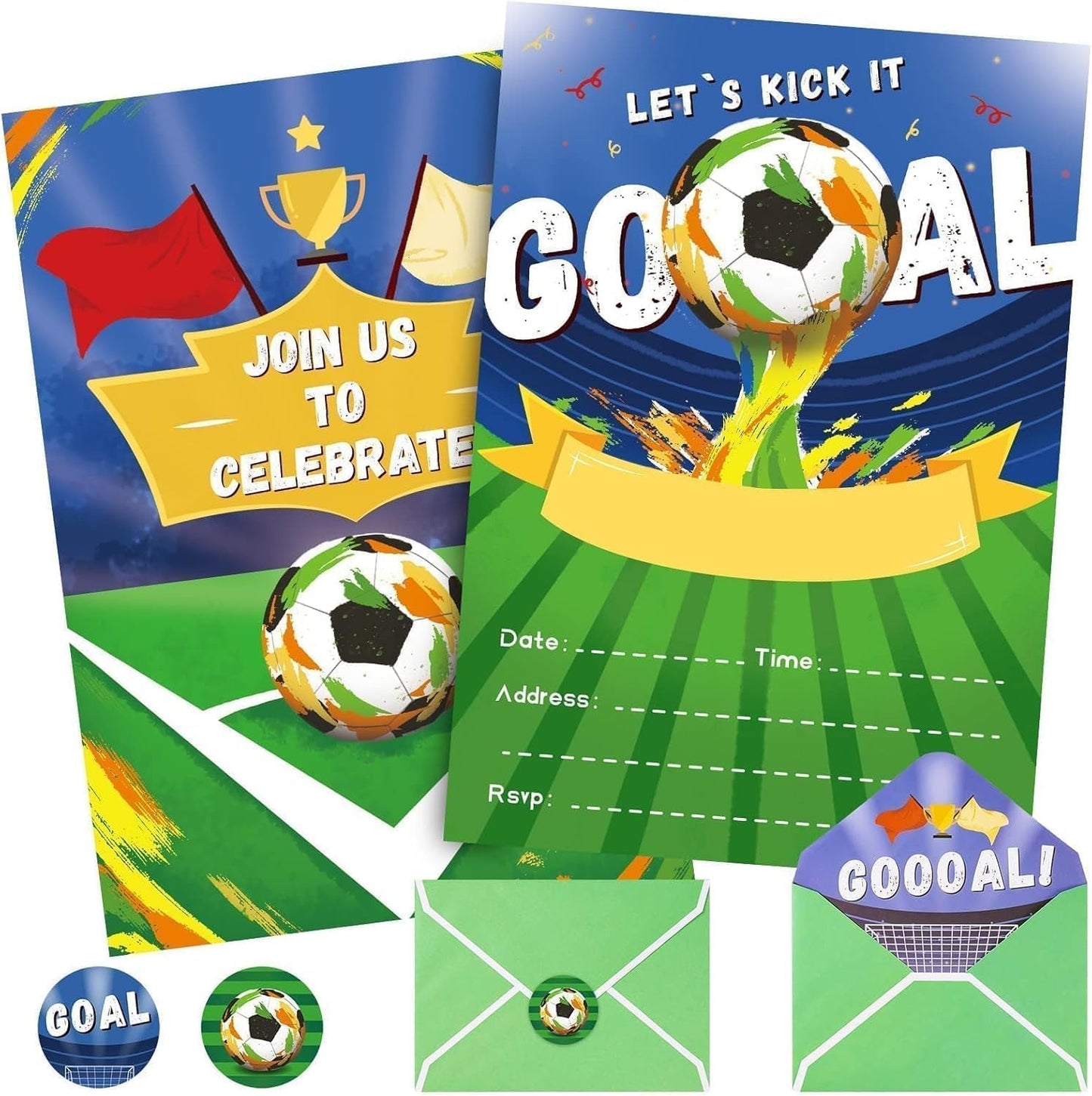 WERNNSAI 24 Set Soccer Birthday Invitations with Envelopes - Soccer Ball Birthday Party Supplies for Kids Boys Football Sport Blank Party Invites Cards with Goal Stickers for Bday Holiday Celebration