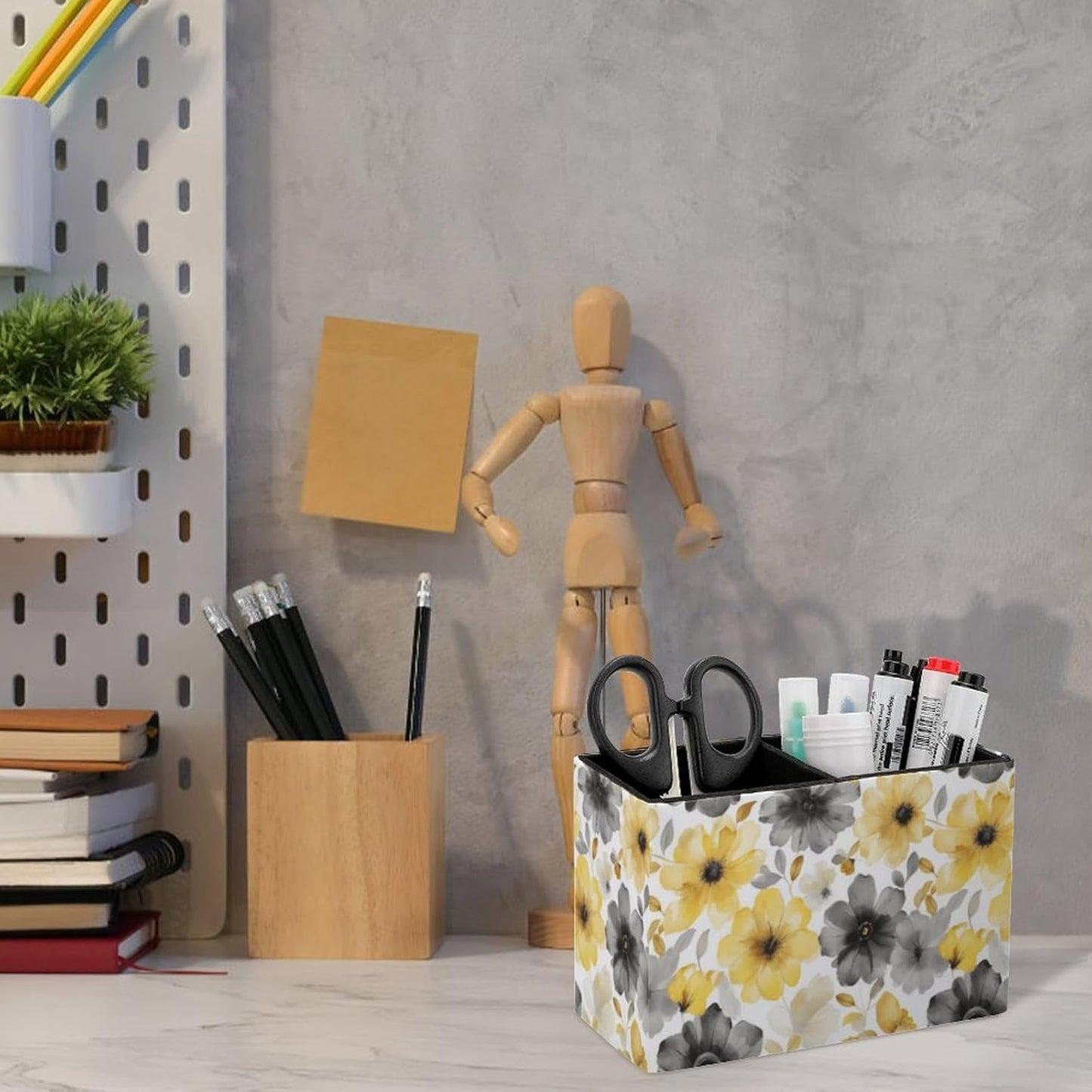 Floral Yellow And Lether Pen Holder for Desk Makeup Brush Holder Office Organizer Desk Accessory for School Office
