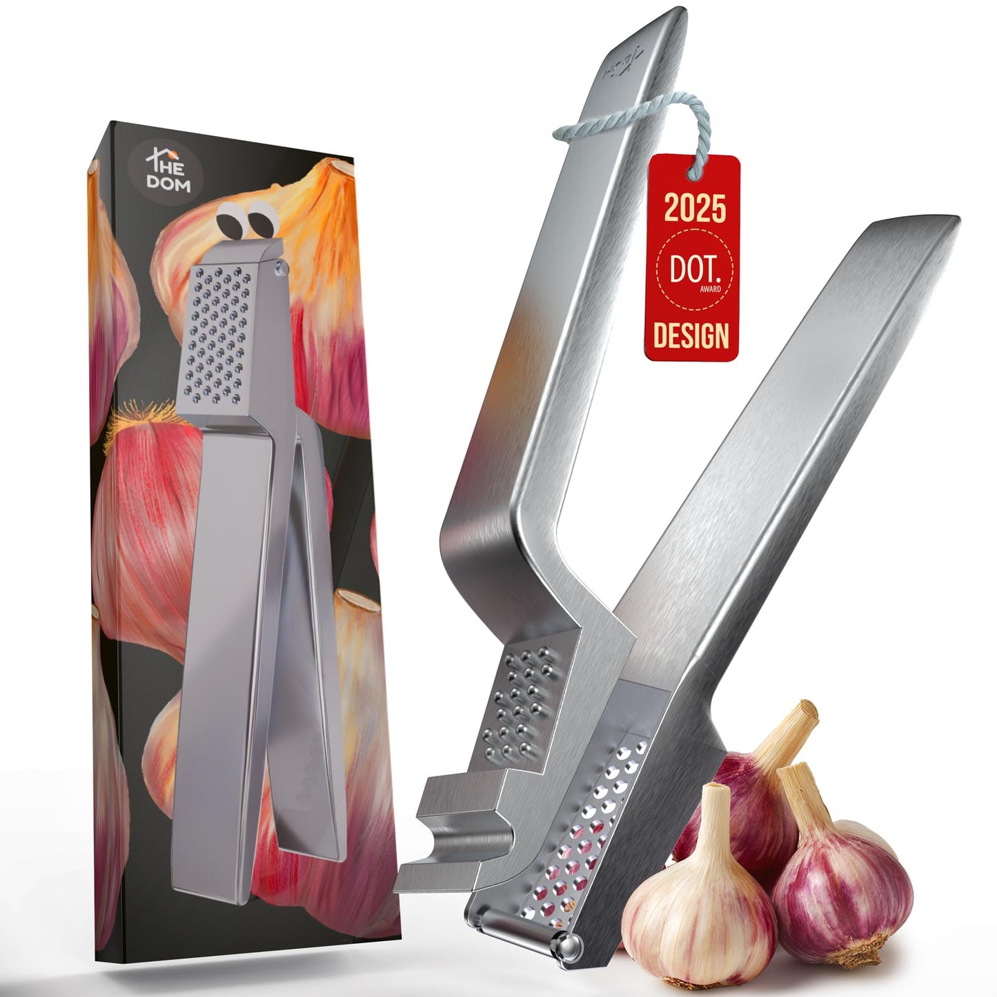 No Peeling Required, 100% Stainless Steel Garlic Press – Odor-free Cleaning, Rust Proof, Detachable Handle, Fine Mincer, 5 years Guarantee, Dishwasher safe garlic crusher tool, Moledor de ajo