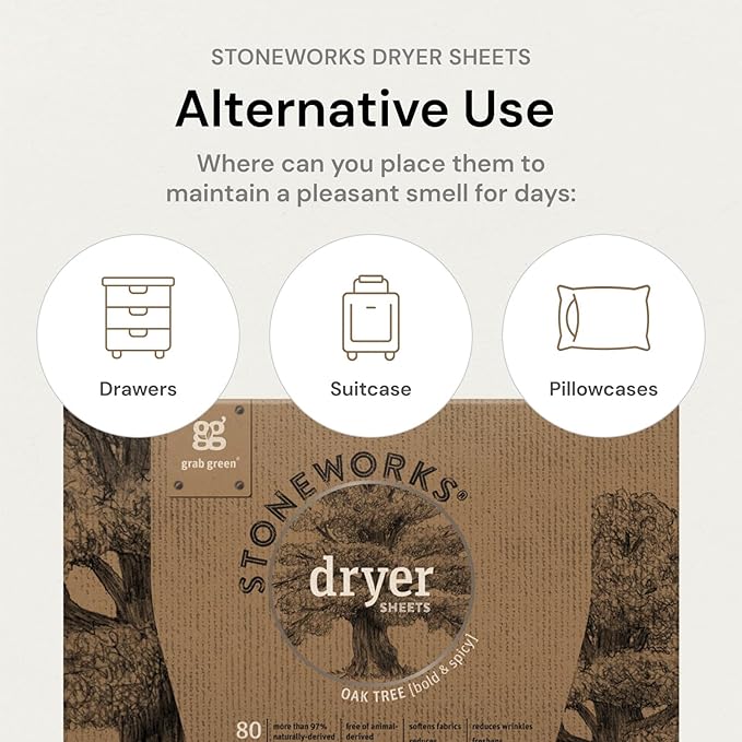 Grab Green Stoneworks Cruelty-Free Dryer Sheets | Softens Fabrics, Freshens Clothing & Reduces Static-Cling and Wrinkles | Plant Based | Birch Branch Scent (160 Sheets)