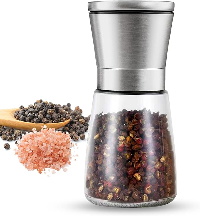 Premium Manual Pepper Grinder Mill with Stainless Steel Cap, Ceramic Blades and Adjustable Coarseness Grinder for Fresh Ground Pepper, Salt and Spices, 6 oz Glass Body (Single Package)