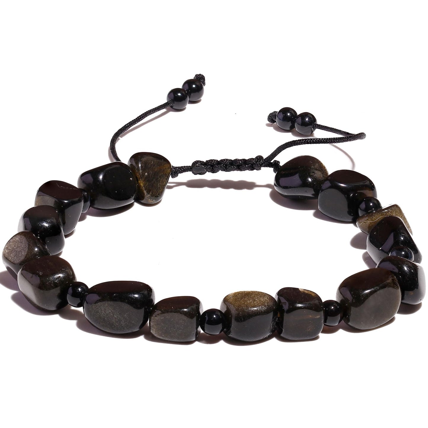 Xfoxstal Adjustable Handmade Irregular Reiki Semi Precious Stones Bracelets for Women Tumbled Crystals Beaded Bracelets 6-7 Inches Unisex (Gold Obsidian)