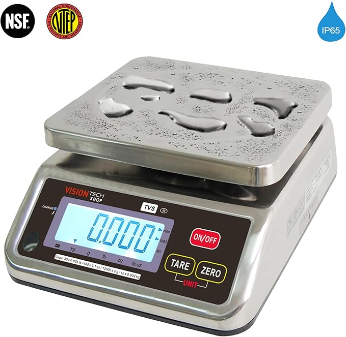 VisionTechShop TVS Portion Control Stainless Steel Washdown Scale, Lb/Oz/Kg/g Switchable, Low Profile Design, 30lb Capacity, 0.005lb Readability, Single Display, NTEP Legal for Trade, NSF Certified