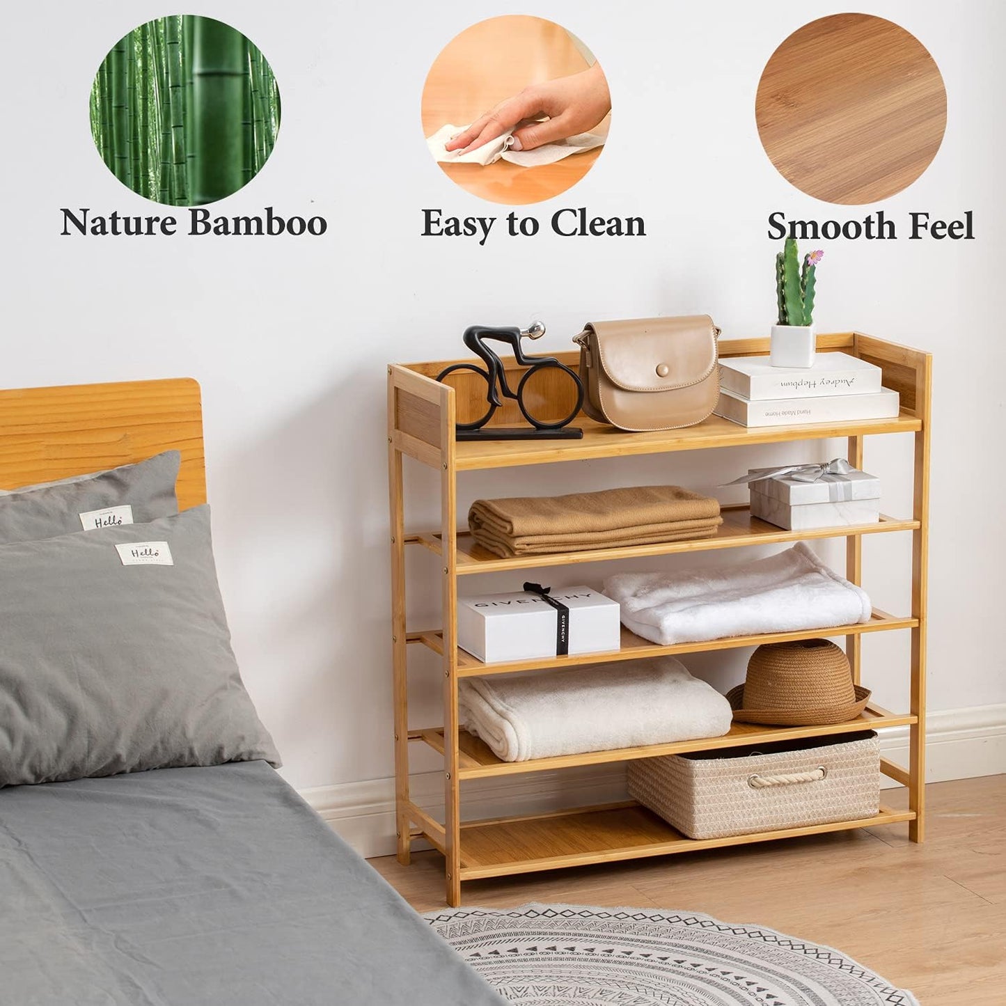 Bamboo Shoe Rack Organizer, 5 Tier Shoe Shelf Storage Organizer, for Entryway, Hallway, and Closet (Nature-31.5)