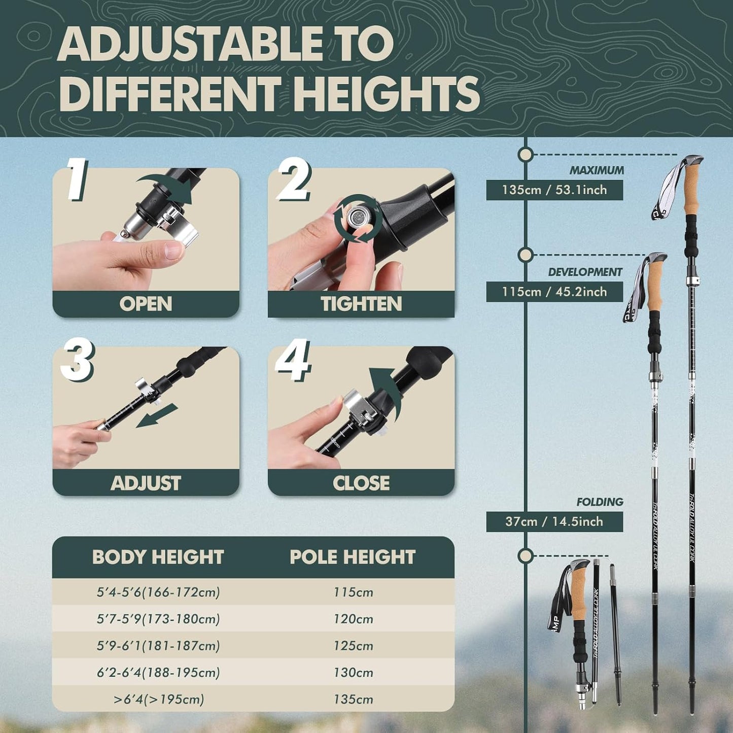 GPTCAMP Nordic Walking Stick, TPZ-1, 2pc Folding Collapsible Hiking Poles with Metal Quick Lock, Cork Handle, Lightweight 7075 Aluminum Trekking Poles for Seniors Women Men Hiking Gear
