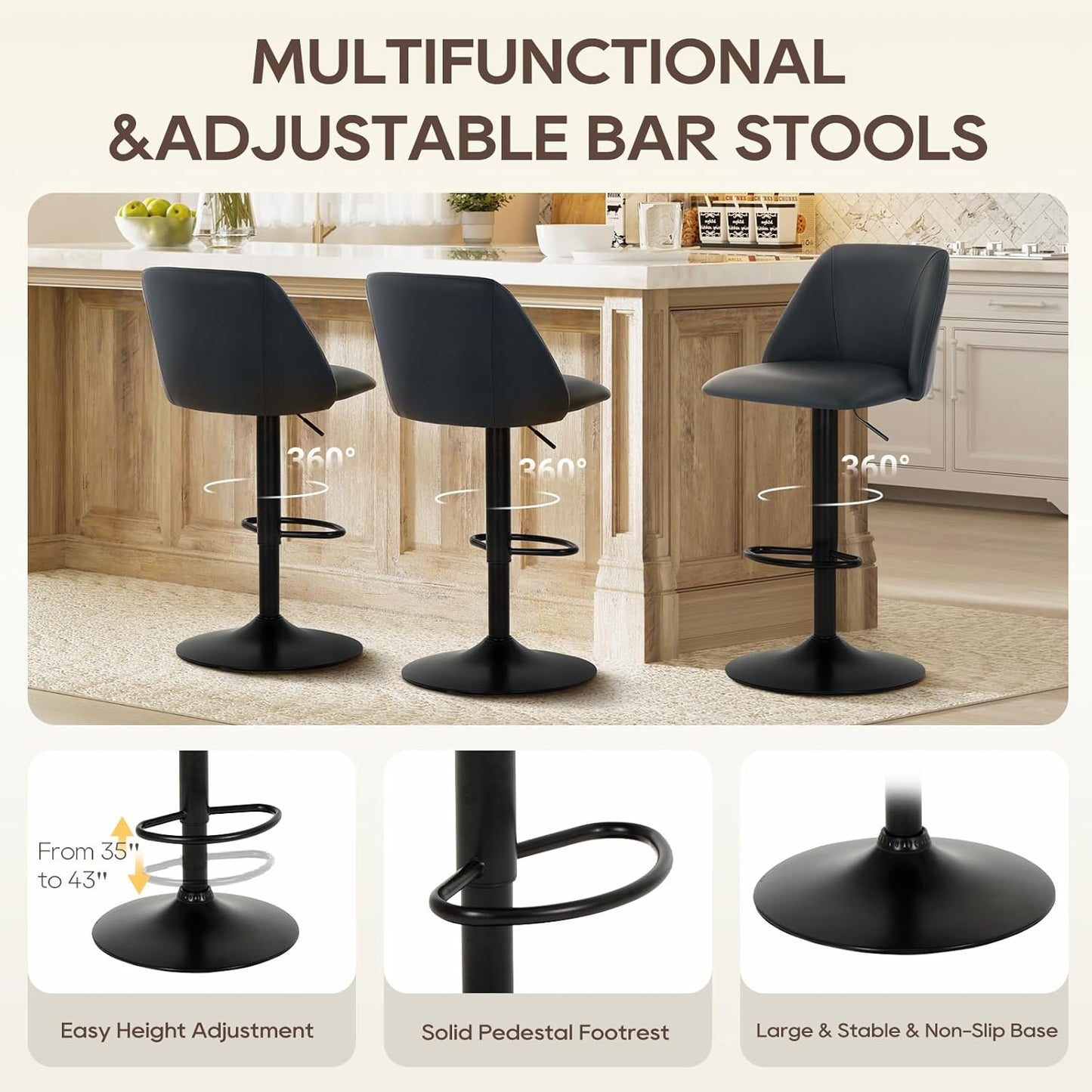 COLAMY Bar Stools Set of 3, Modern Swivel Bar Chairs, Adjustable PU Leather Upholstered Barstools Counter Height with Full Backrest for Bar, Dining Room, Kitchen Island, Black