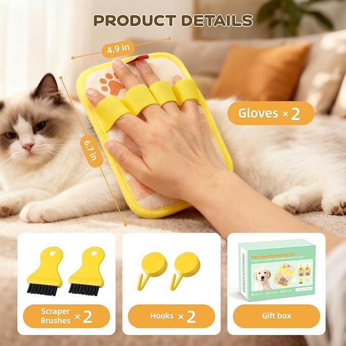 Pet Hair Removal Glove，the Magic Brush Electrostatic Pet Hair Remover，Furhero Gloves Mitt Dog Cat Grooming Tool，Fur Hero Reusable for Furniture Clothes Couch Cleaning 6PCS Box