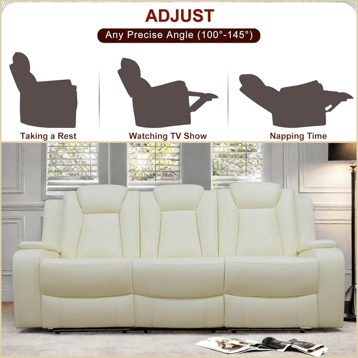 Leather Recliner Sofa Couch, 3-Seater Home Theater Seating Reclining Sofa, Power Reclining Couch with Cup Holders & Drop Down Table for Living Room Furniture Sets, White