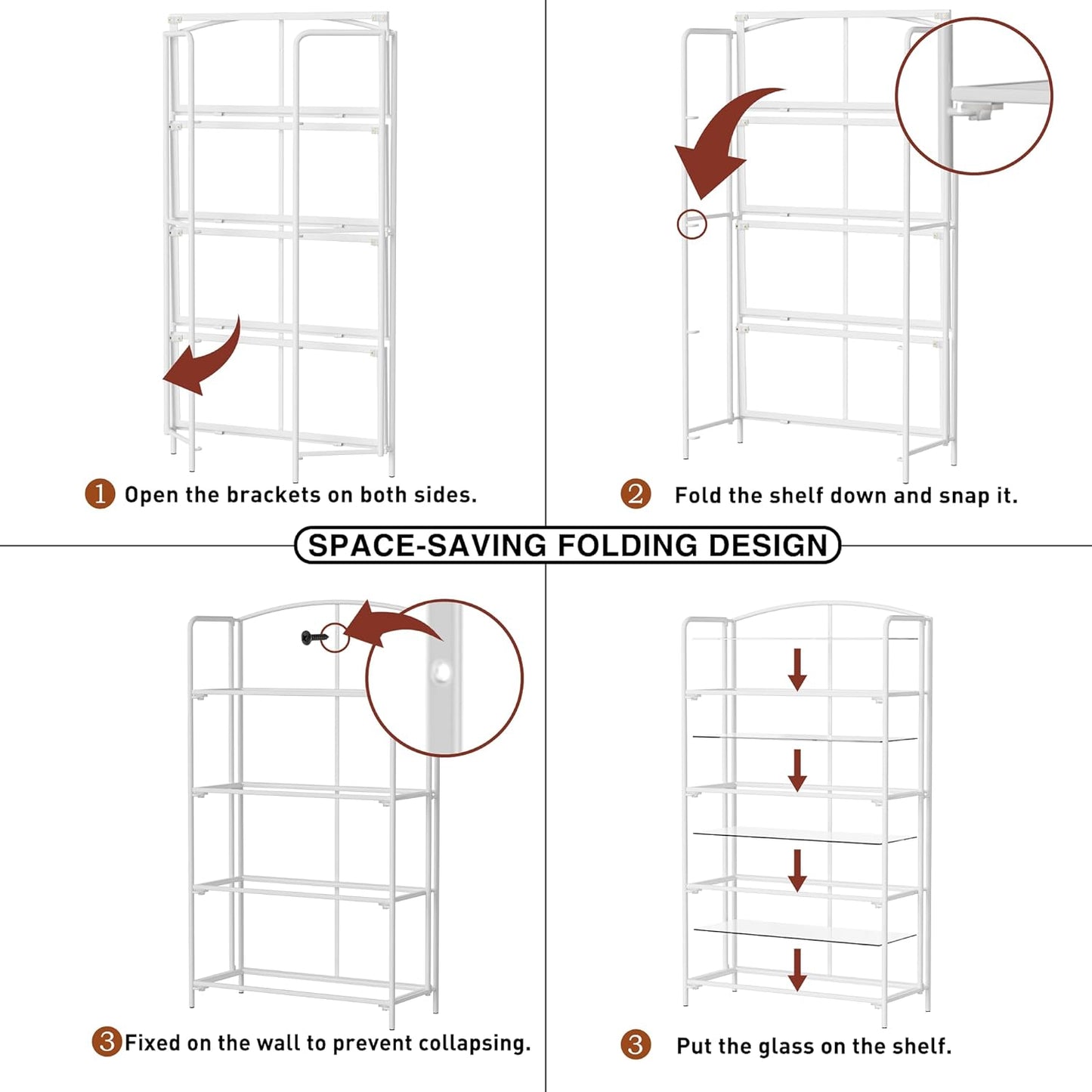 Crofy No Assembly Folding Bookshelf for Living Room, 4 Tier White Collapsible Book Shelf for Home Office, Portable Bookcase Storage Organizer