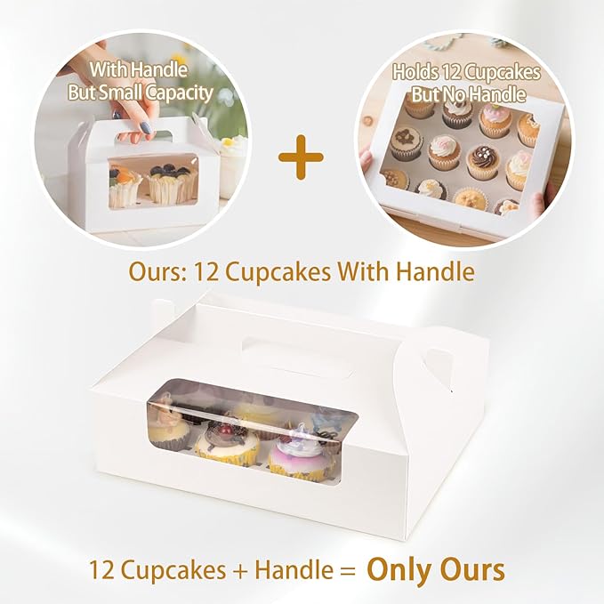 FORBFAN White Cupcake Boxes 12 Count, 30 Pcs Cupcake Containers with Handle, Window, and Inserts – Holds 360 Standard Cupcakes, Food-Grade Gable Boxes for Muffins, Cakes, and Party Desserts