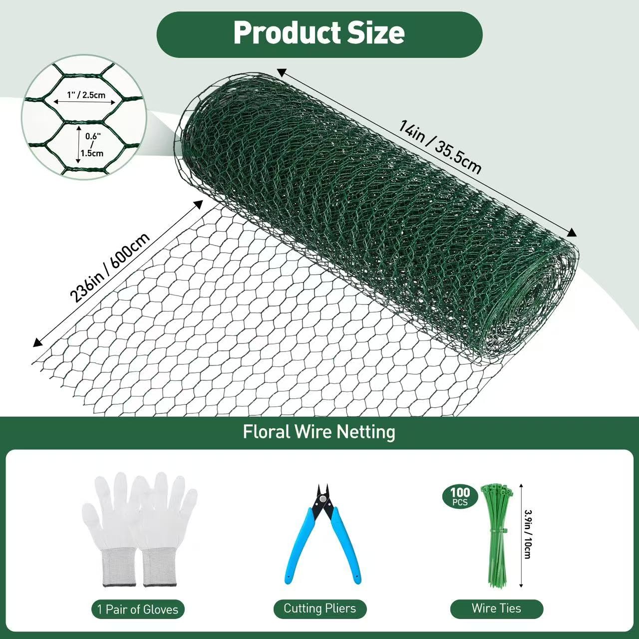 ROERLIEN 14 in×236 in Floral Wire Netting,Green Coated Floral Chicken Wire for Floral Arrangements,Garden Fencing,Protect Plant and Poultry,Decorate Flower Arch and DIY Craft. (14 in×236 in)