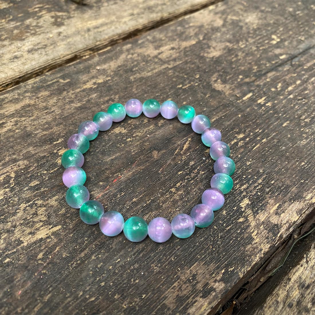 8mm Selenite Bracelet | Color-Coated Purple and Green Natural Crystal | Handmade Meditation Bracelet for Women Men | Iridescent Rainbow Effect | Beading Tool Kit - Adjust to 6.5-7.5 inch Wrist Size