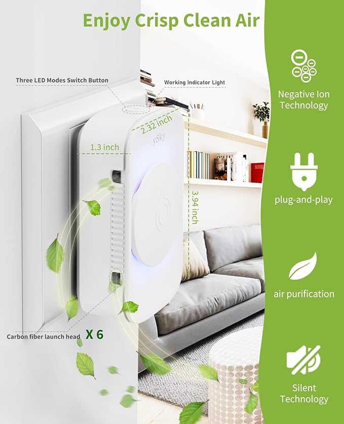 ySky Plug In Air Purifier Ionizers for Home (6 packs), Negative Ion Air purifiers,Quiet Operation Ionizers Air Freshener for home,Bathroom,Bedroom,Portable Air Purifiers for Odor,Mini Air ionizers