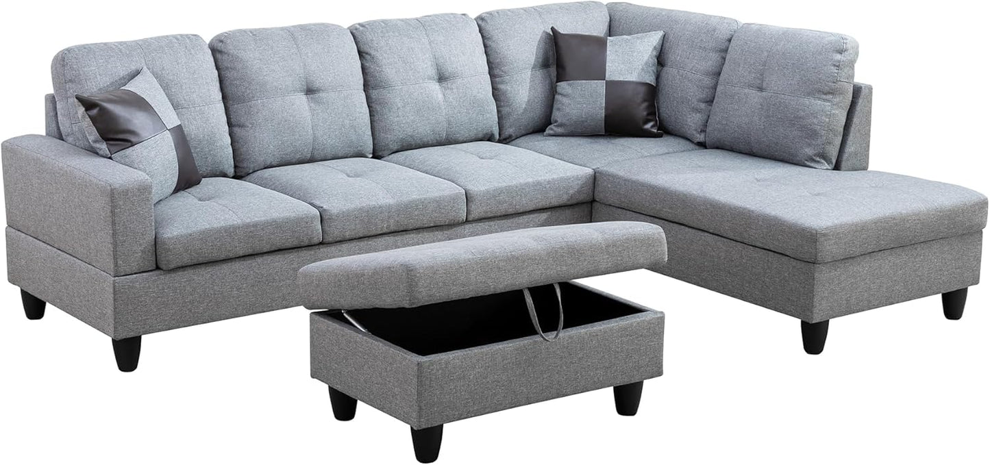 Couches for Living Room Modern L Shaped Couch Comfy Linen Fabric 3 Pieces Sectional Sofa with Chaise, Ottoman with Storage for Office and Small Apartment, Grey