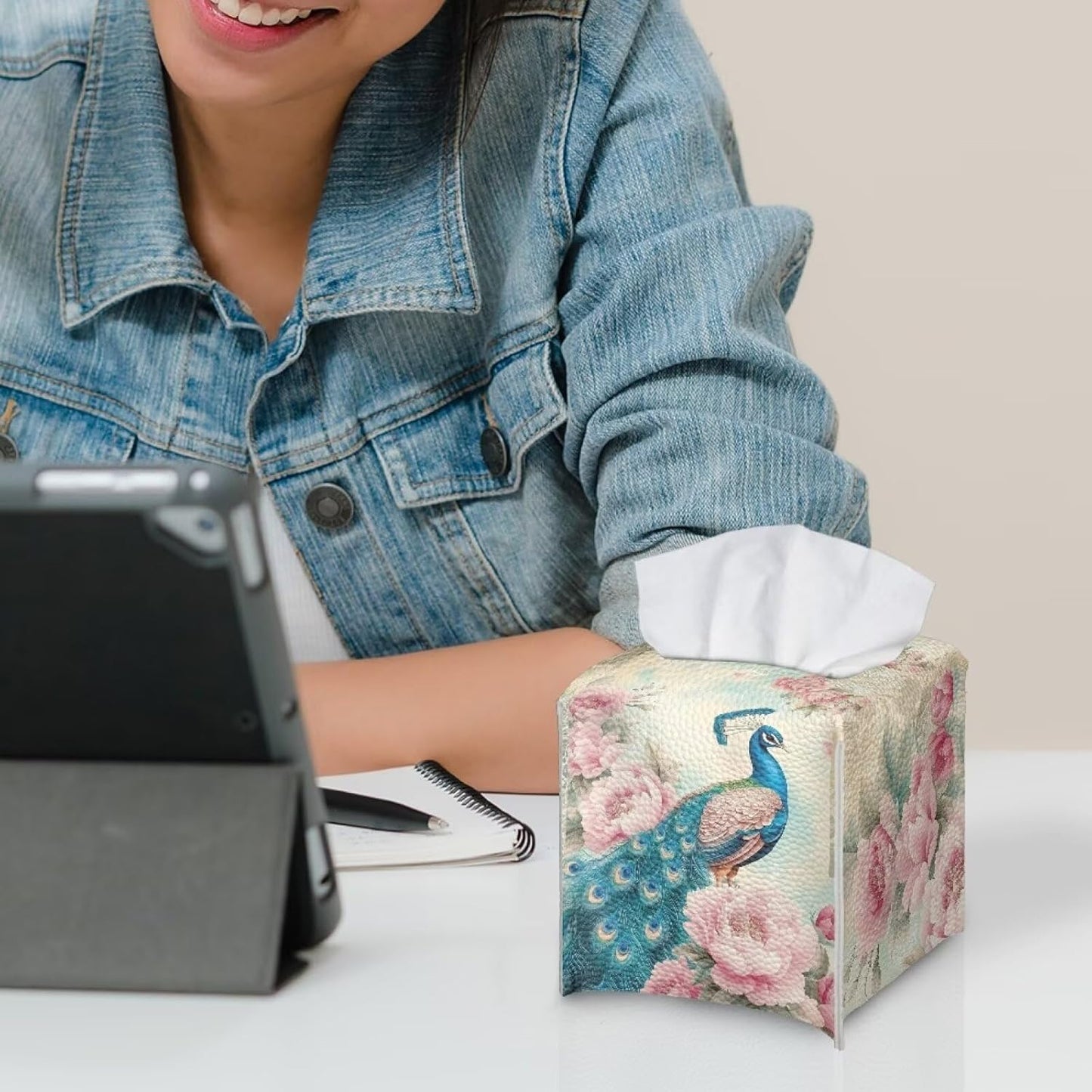 Peacock Tissue Box Cover Cube Leather Tissue Box Holder Waterproof Facial Paper Organizer 5x5x5 inch Mordern Home Decor Accessories for Bedroom Living Room