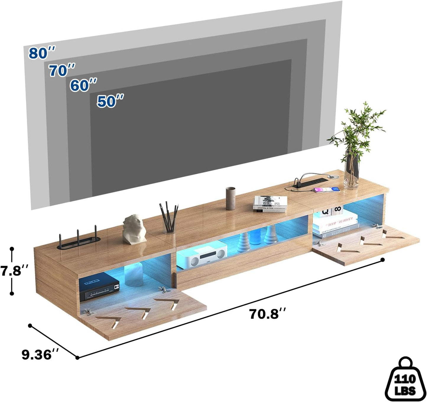 Floating TV Stand, 71" Floating Entertainment Center Wall Mounted,Floating Wall Mounted TV Shelf with Led Lights and Power Outlet,Modern High Gloss tv Cabinet Media Console with Storage
