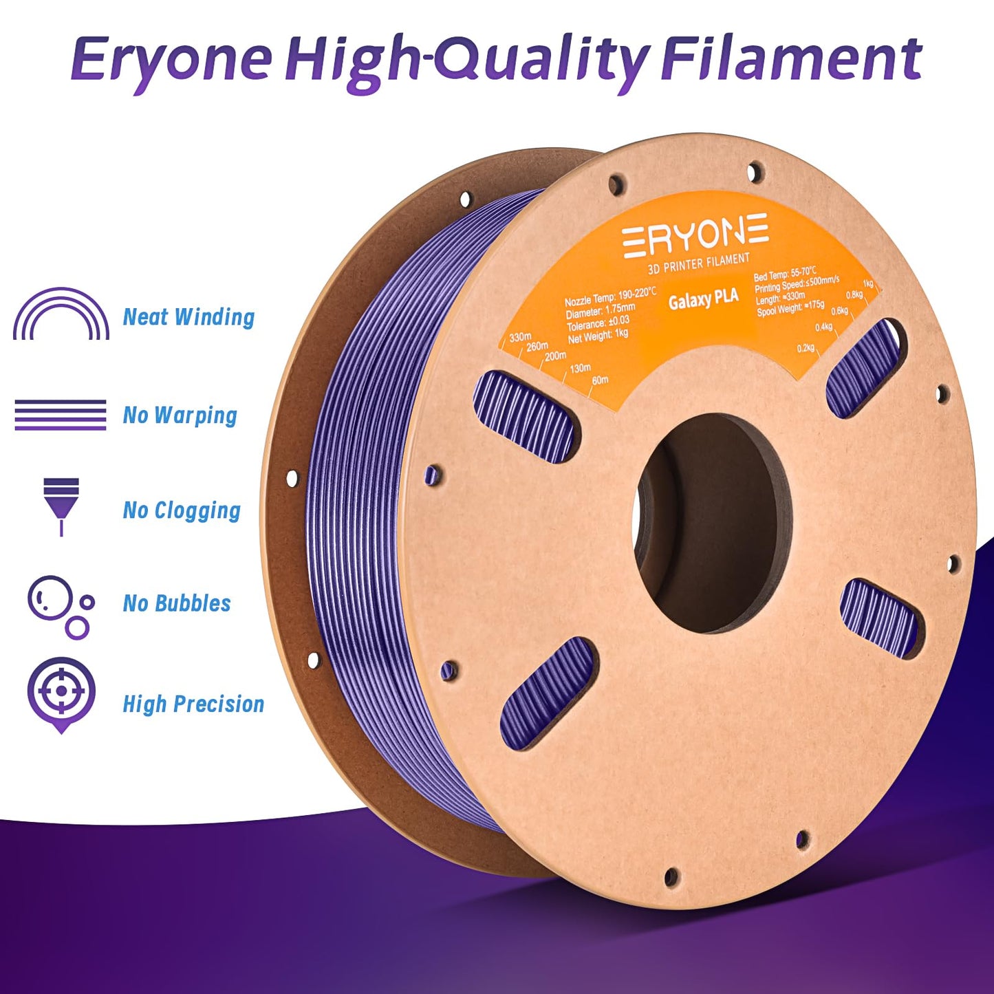 Eryone Glitter Pla Filament For 3D Printer, 1.75Mm +/-0.03Mm, 1Kg(2.2Lbs)/Spool, Sparkle Purple