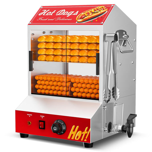 Hot Dog Steamer Machine, 28.5QT/27L, 2-Tier Electric Hot Dog Steamer with Bun Warmer, Adjustable Temperature, Hot Dog Hut Steamer with Visible Glass Sliding Door