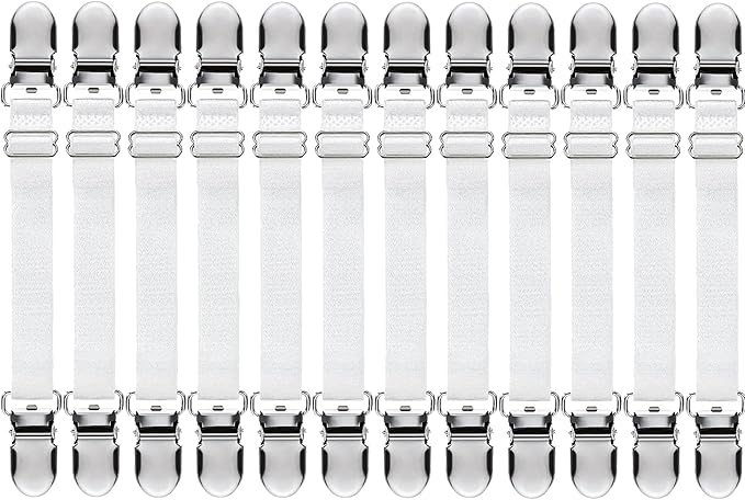 Boao 12 Pcs Bed Sheet Clips Straps Sheet Corner Straps Holder Adjustable Mattress Clips, Elastic Bed Grippers Suspender Fasteners Holder for Home(White,4-8 Inch Length)