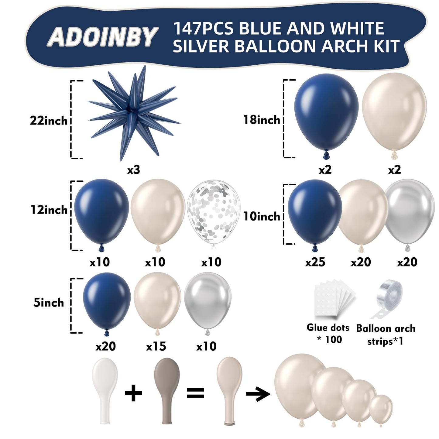 ADOINBY Navy Blue Silver White Balloon Arch Kit, Double Stuffed Pearl Sand White Royal Dark Blue Chrome Silver Confetti Balloons Garland Kit for Birthday Graduation 2026 New Years Party Decoration