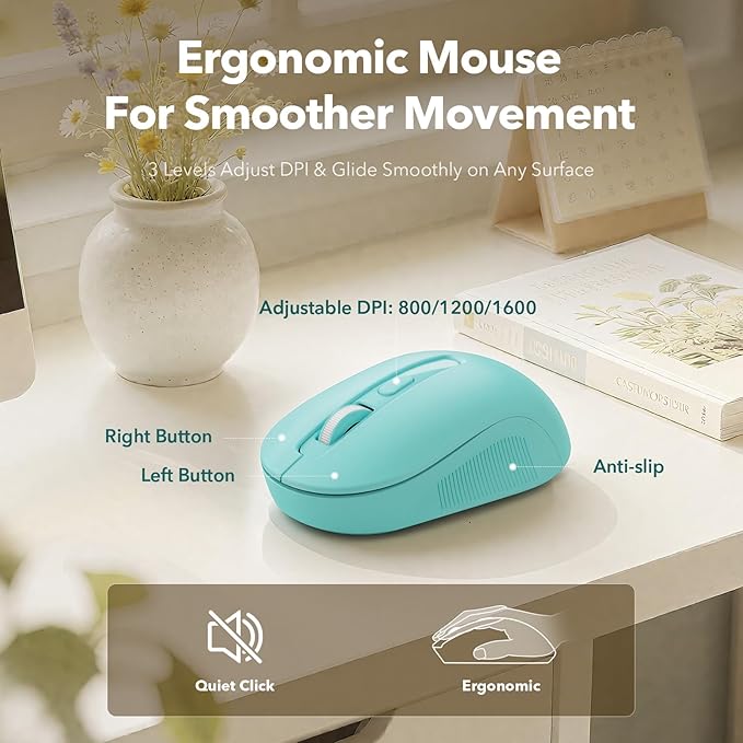 Wireless Keyboard and Mouse Combo, Full-Size Retro Typewriter Keyboard with Detachable Wrist Rest, Round Keycaps, Sleep Mode & Tilt Legs, 2.4GHz Cordless Connection for Windows/PC (Robin Egg Blue)
