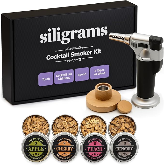 Siligrams Cocktail Smoker Set | Premium Bourbon Smoker Kit for Whiskey, Old Fashioned, and Cocktails | Includes Butane Torch (Butane Not Included) & Wood Chips | Smoker Drink Kit & Smoke Whiskey Kit
