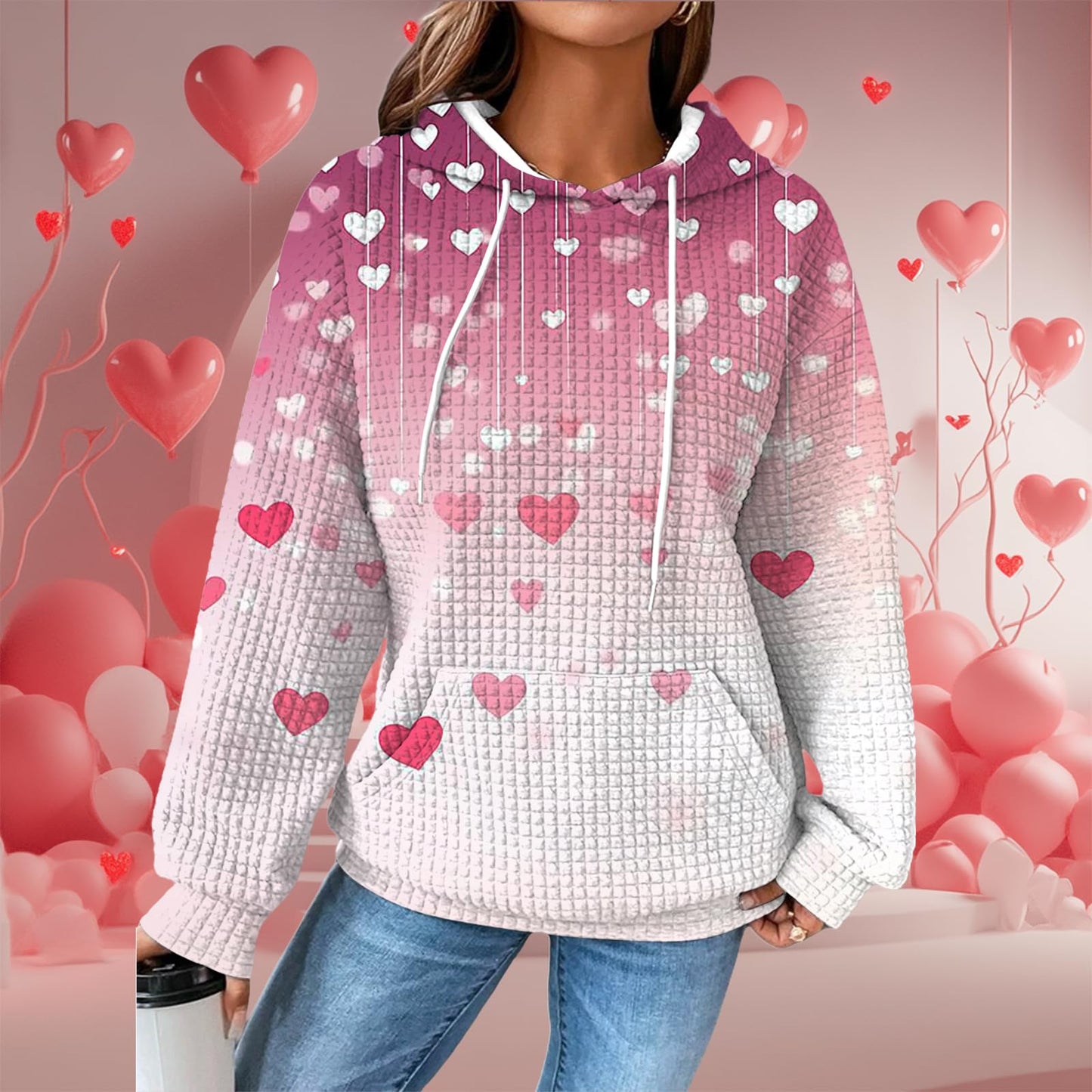 Valentines Day Outfit Women Heart Print Pullover Waffle Outdoor Warm Oversized Clothing Fashion Hooded Sweatshirt 2025 Spring Fashion Casual Elegant Dressy Cute Graphic Hoodies With Pockets,4XL